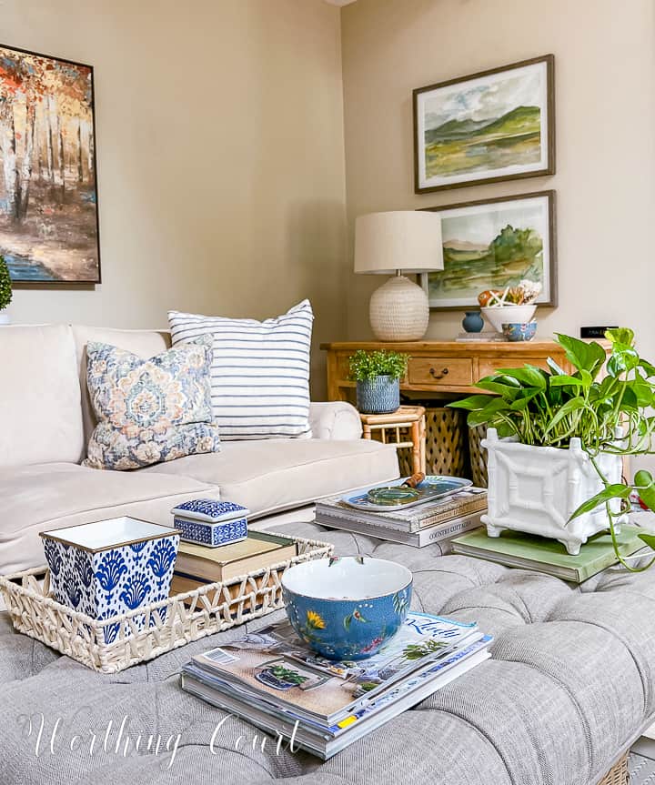 coffee table with blue and white summer accessories