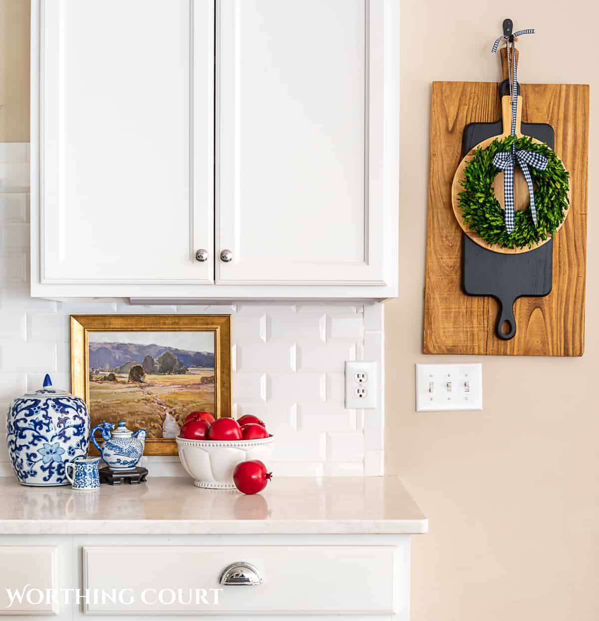 blue white and burgundy fall kitchen decorations