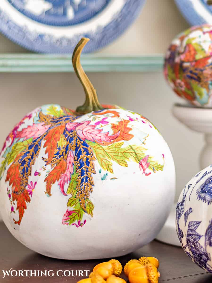 display of three diy chinoiserie pumpkins