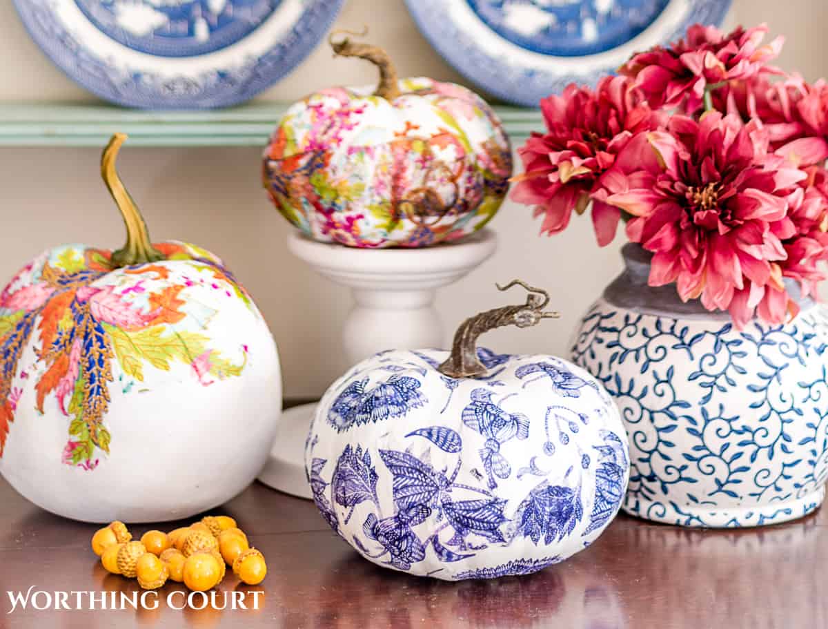 display of three diy chinoiserie pumpkins