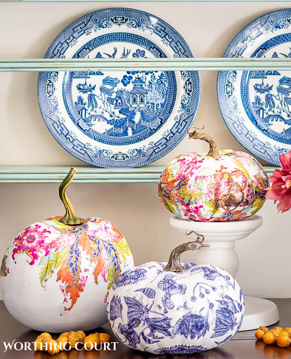 display of three diy chinoiserie pumpkins