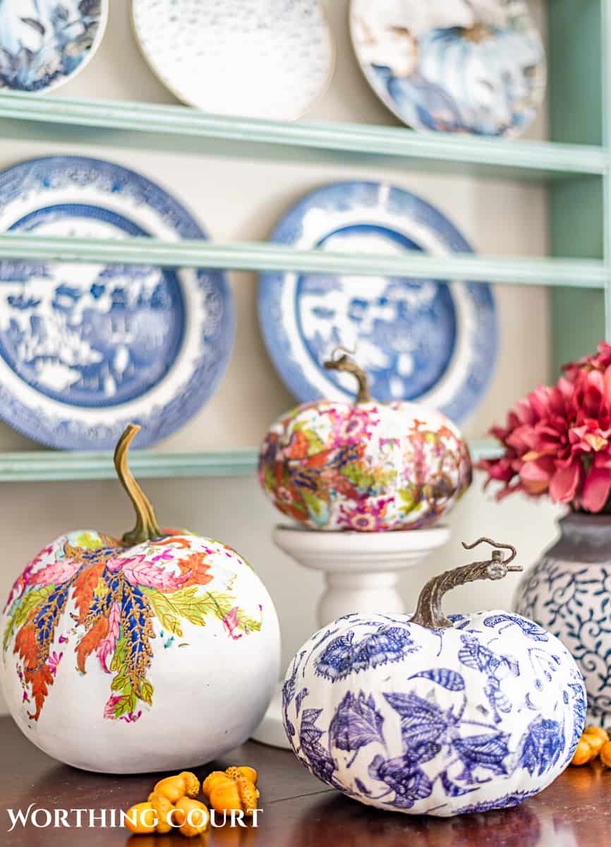 display of three diy chinoiserie pumpkins