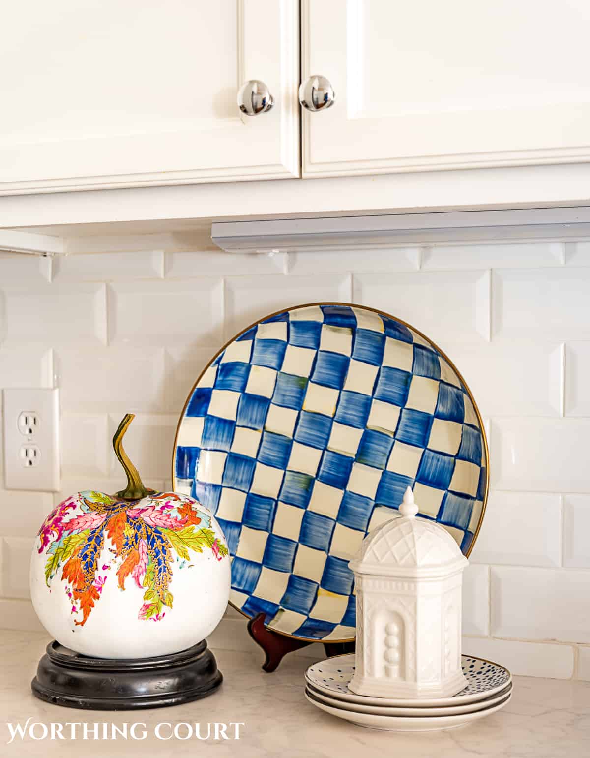 blue and white fall kitchen counter decorations