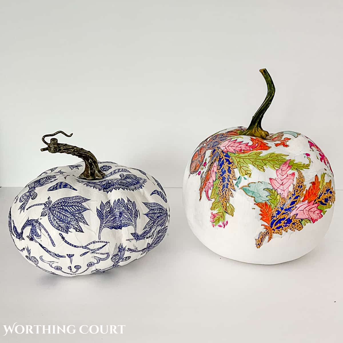 in process image of two diy chinoiserie pumpkins