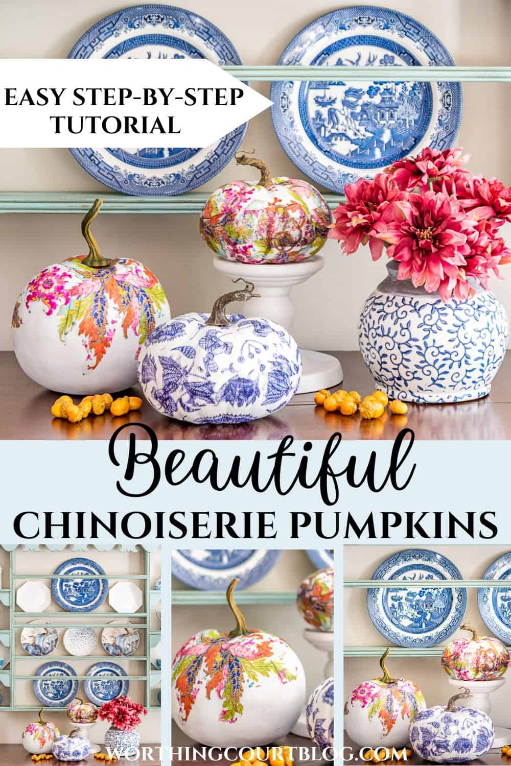 Pinterest graphic for making chinoiserie pumpkins