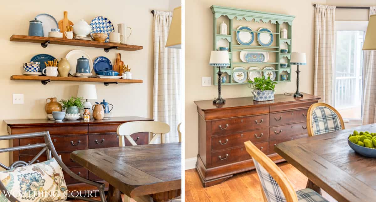 side by side image of wall withopen shelves and wall with decorated plate rack
