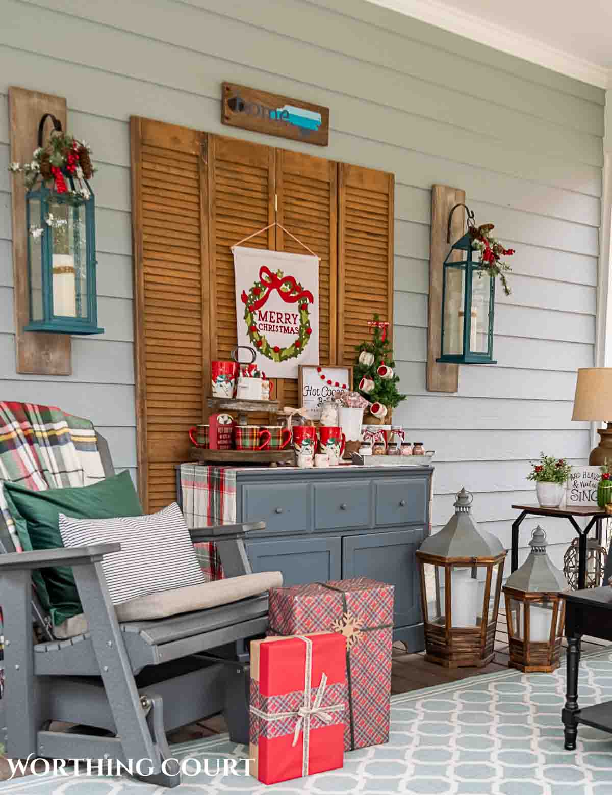 Christmas hot chocolate bar setup on a gray chest