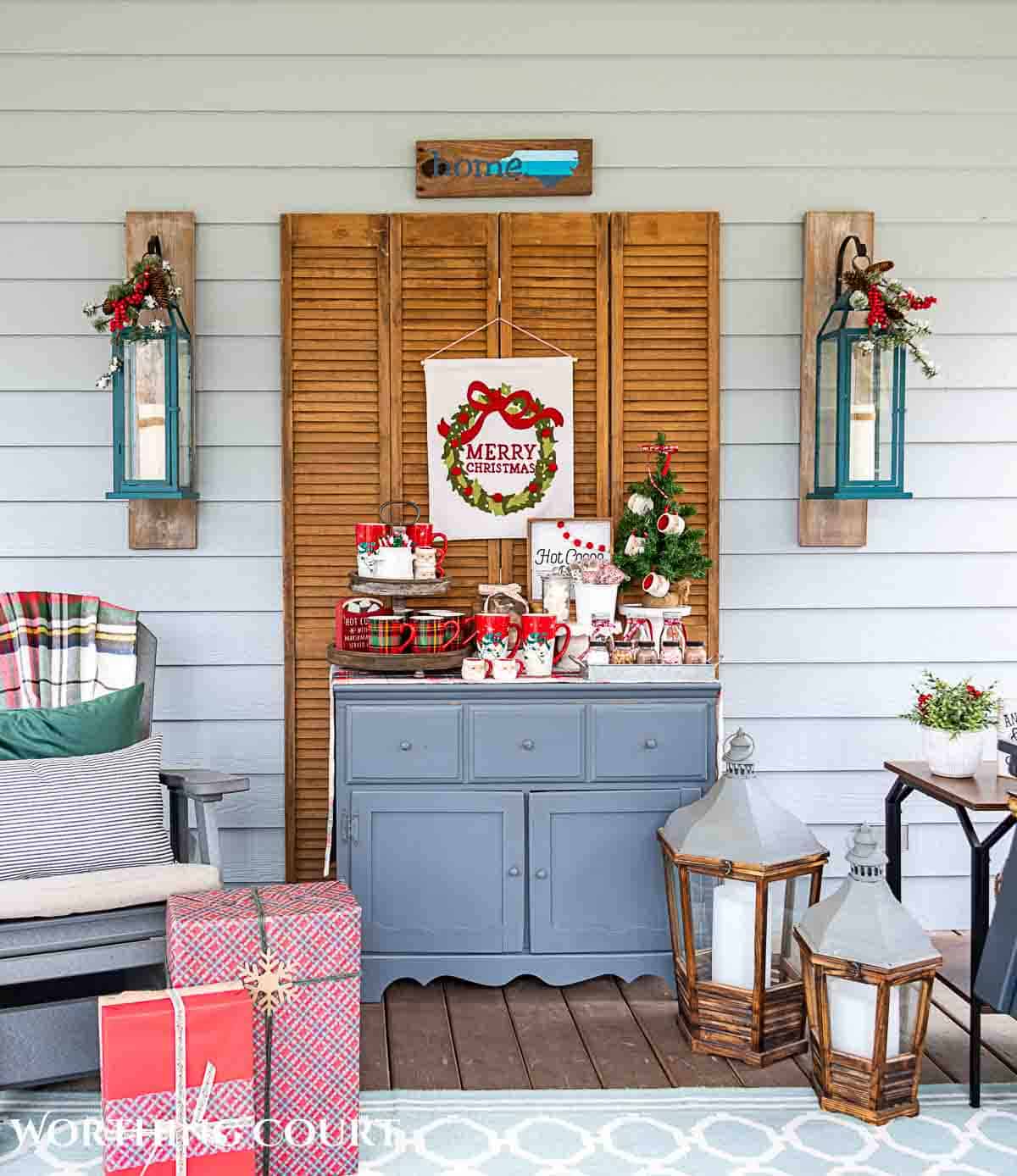 Christmas hot chocolate bar setup on a gray chest