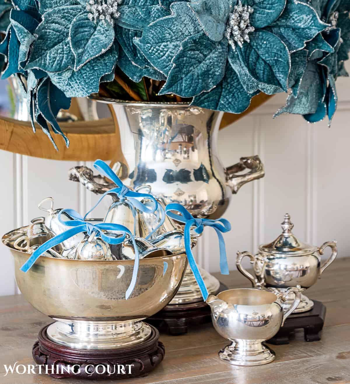 sterling silver champagne bucket and paul revere bowl with French blue Christmas decorations