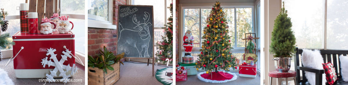 collage of Christmas decorations on a screen porch