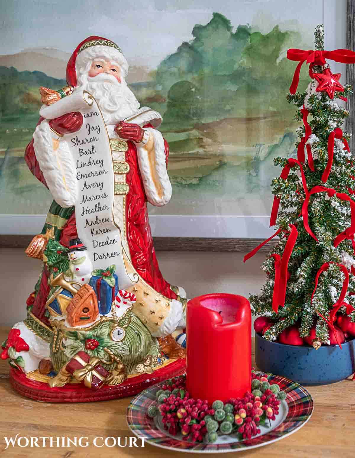 Christmas tree, fireplace and living room decorated for Christmas with red green and gold decorations