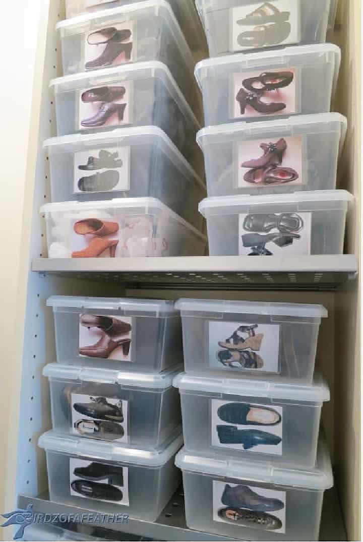 shoe organized in bins in a small closet