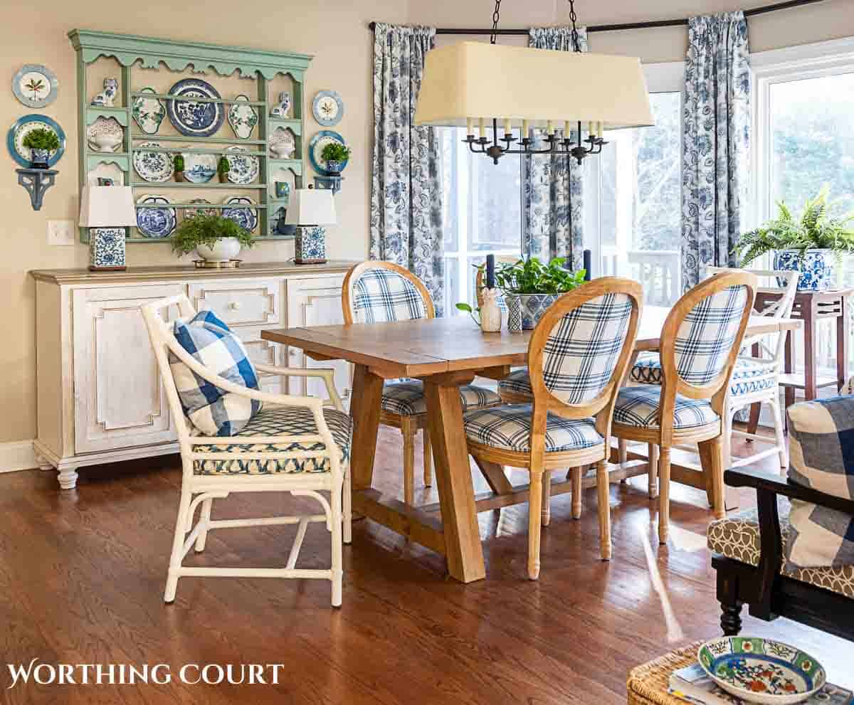 spring breakfast nook with blue and white accessories and cottage style furnishings