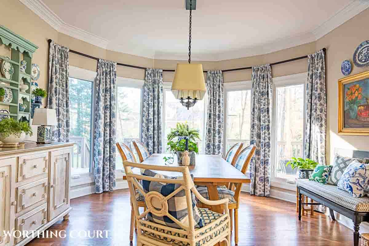 spring breakfast nook with blue and white accessories and cottage style furnishings