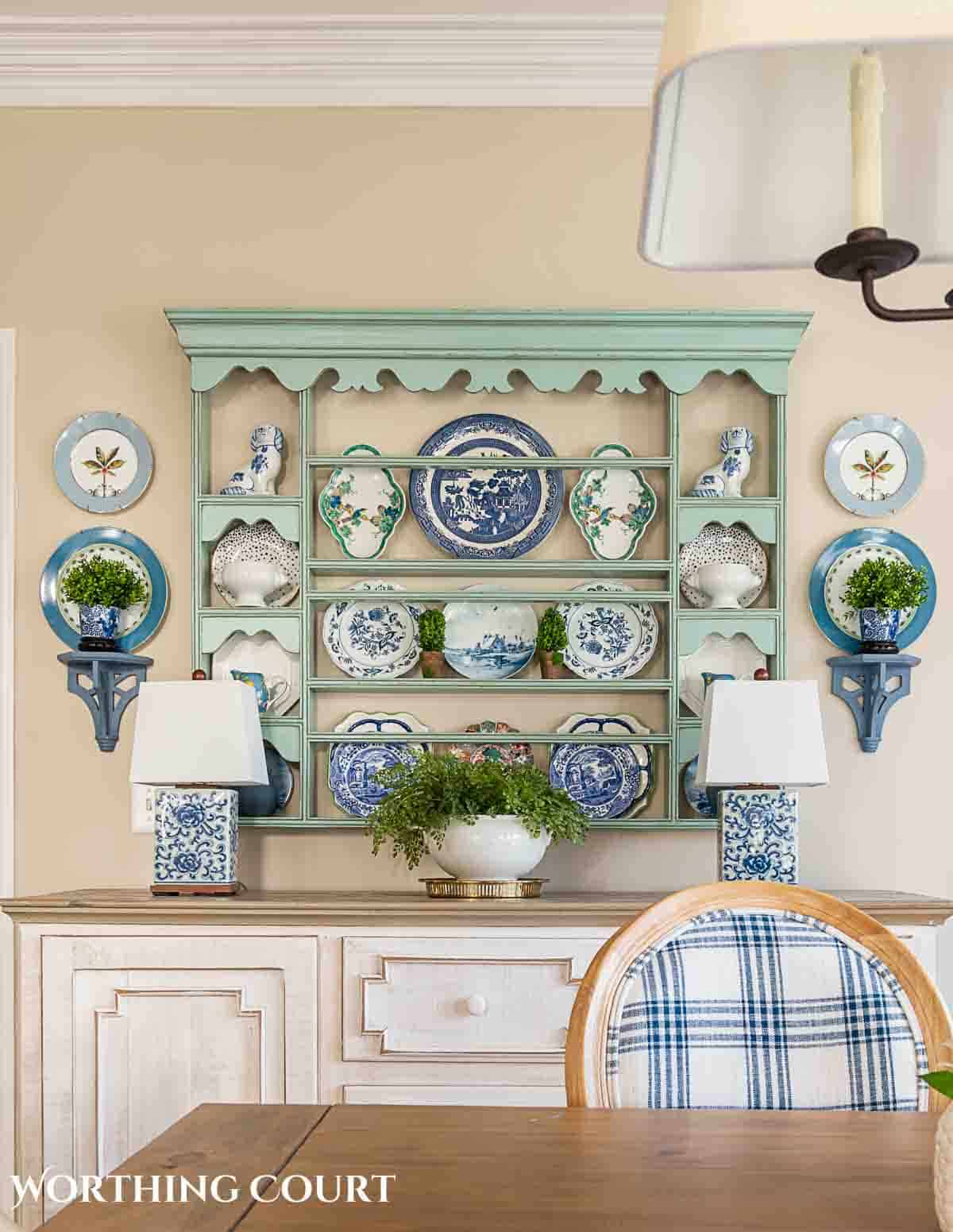 spring breakfast nook with blue and white accessories and cottage style furnishings