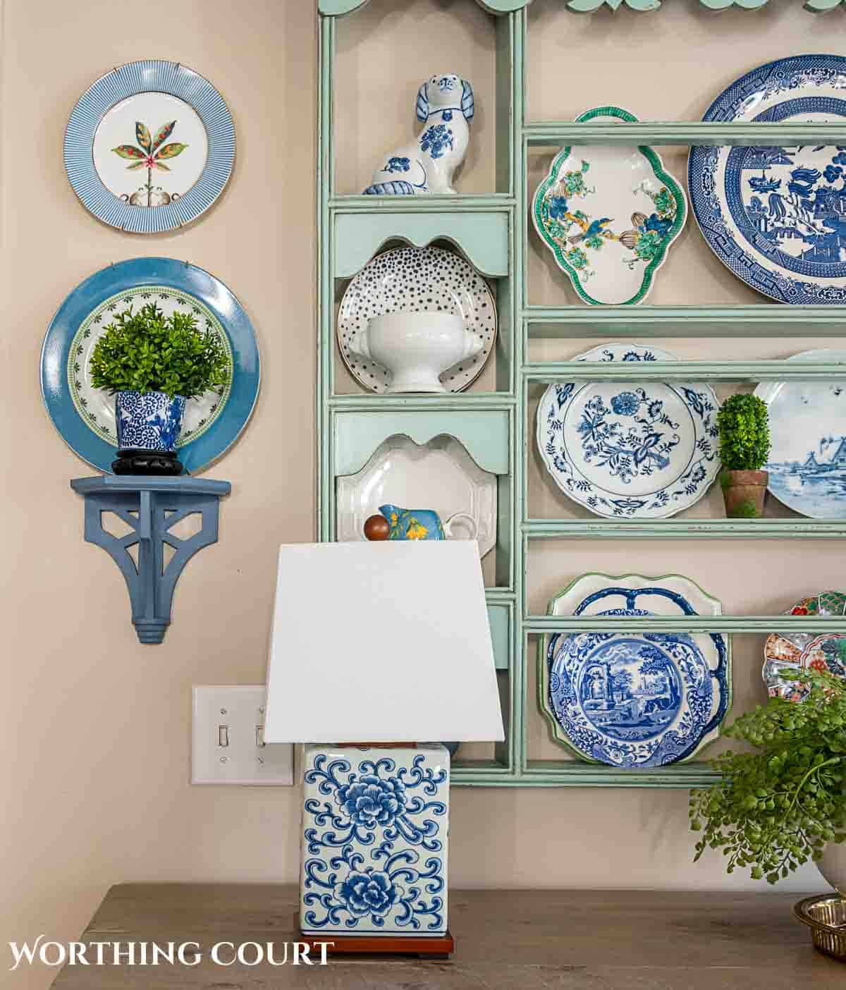 spring breakfast nook with blue and white accessories and cottage style furnishings