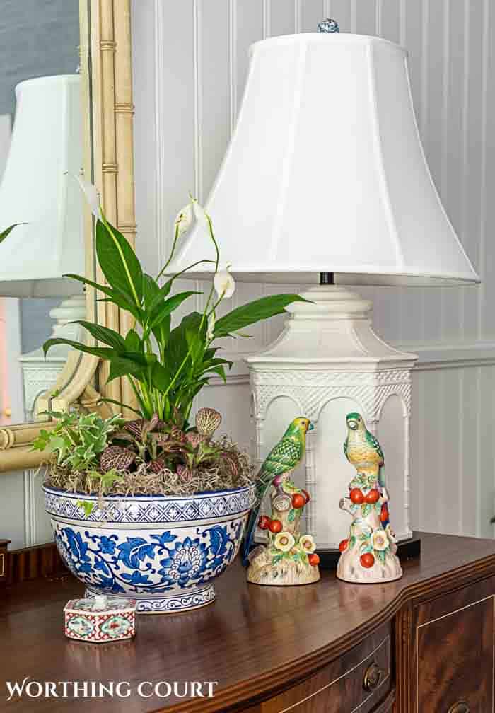 group of plants in a blue and white container for an easy Mother's Day gift