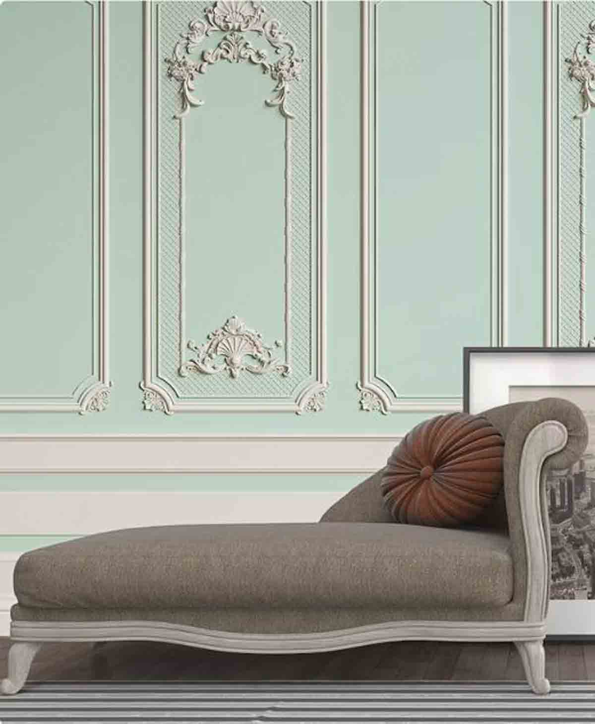 aqua colored wall with architectural detail sticker for wall decor