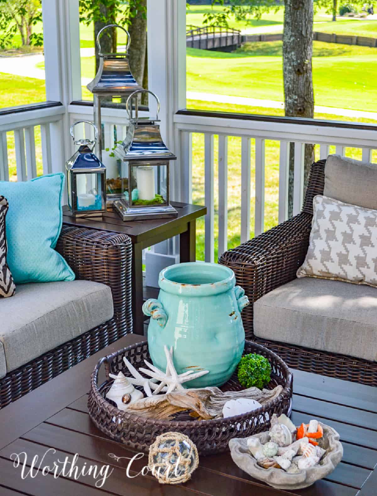 outdoor deck decor with aqua accessories and lanterns