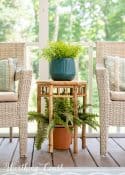 bamboo plant stand with plants between a pair of wicker chairs