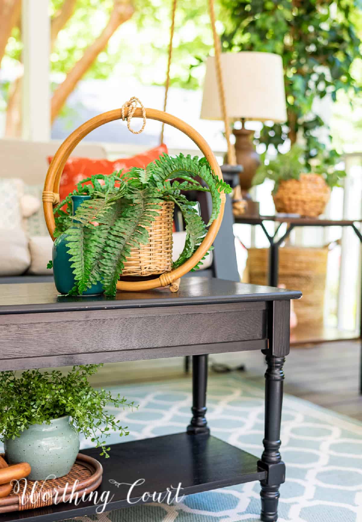 black coffee table on screen porch with plant on top