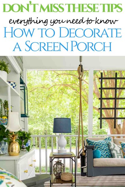 pinterest graphic for screen porch decorating ideas and tips