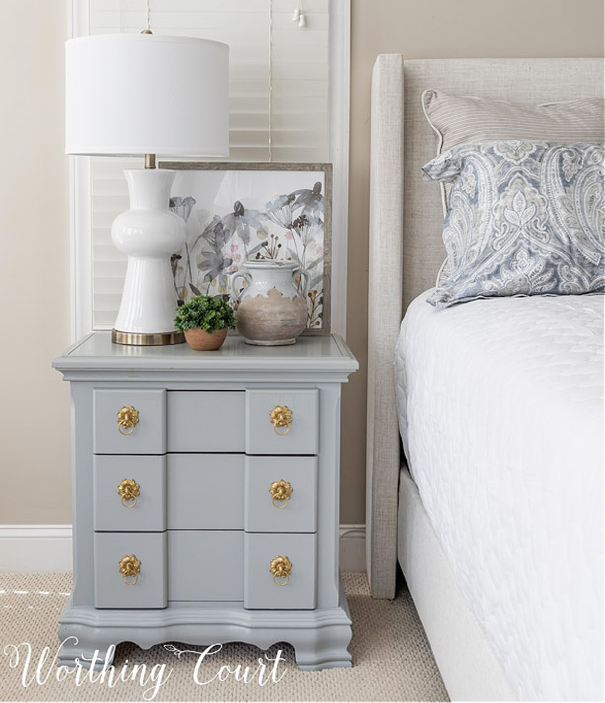night stand painted gray to give off coastal vibes
