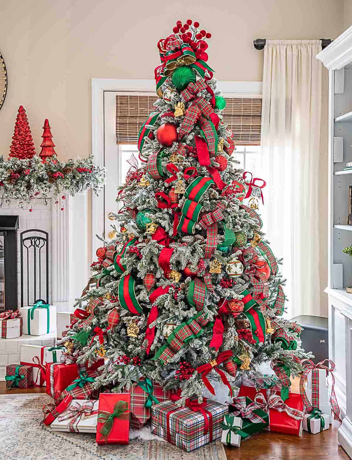 red and green flocked Christmas tree