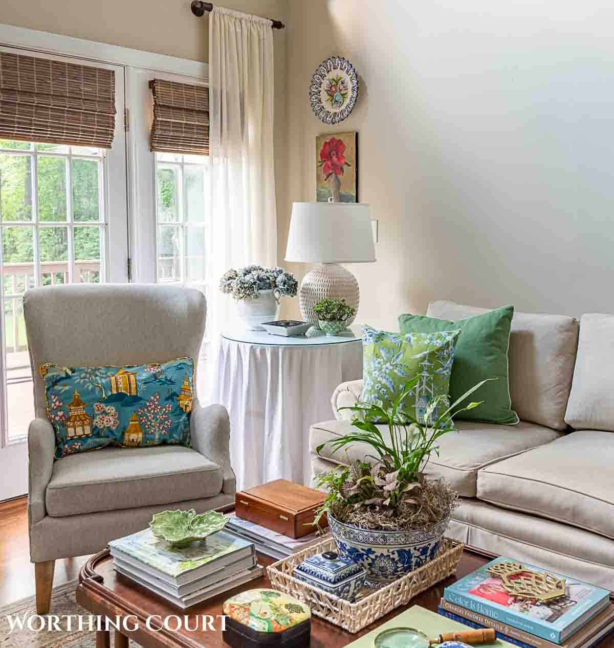 corner of a living room with neutral furniture and easy summer decorations