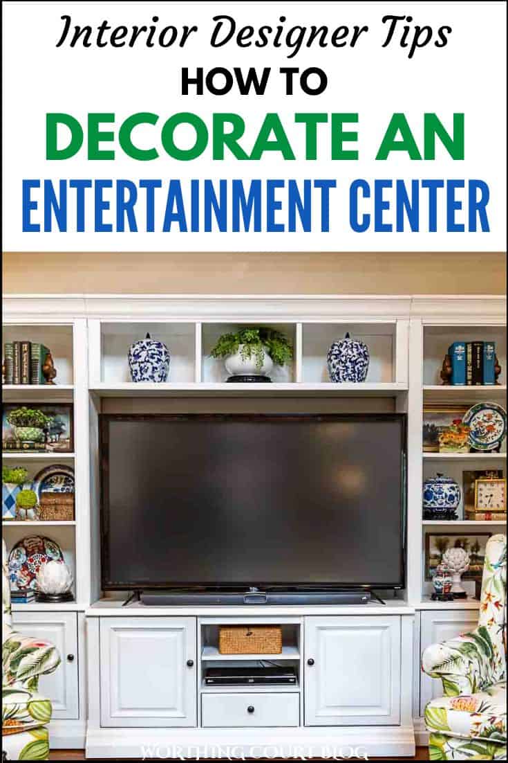 Pinterest graphic for how to decorate an entertainment center