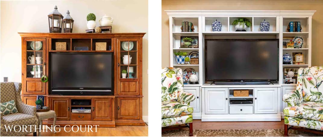 two entertainment centers decorated with accessories