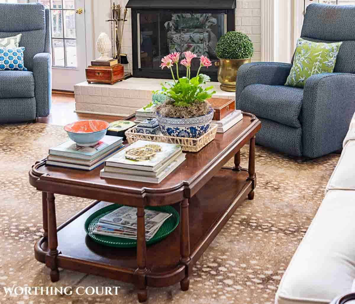 wood coffee table with  late summer accessories