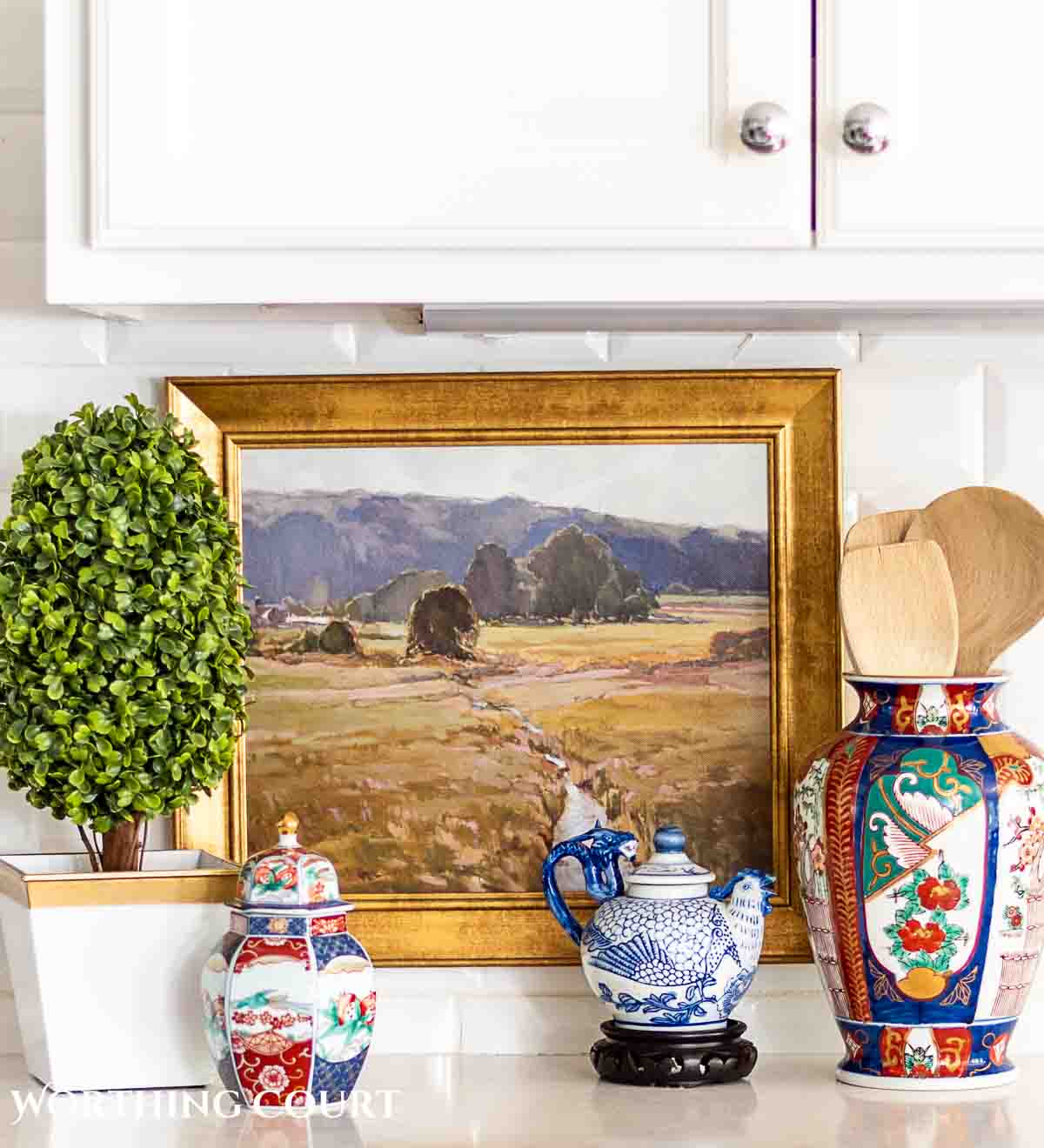 late summer kitchen counter vignette with chinoiserie accessories