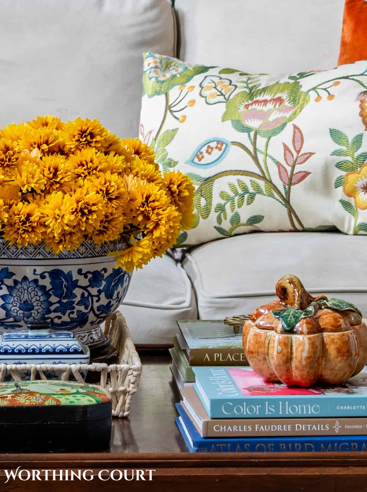 close up image of fall decorations on a coffee table