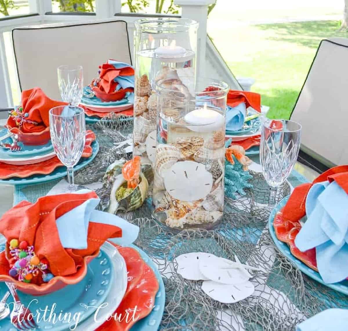 turquoise and coral outdoor tablescape