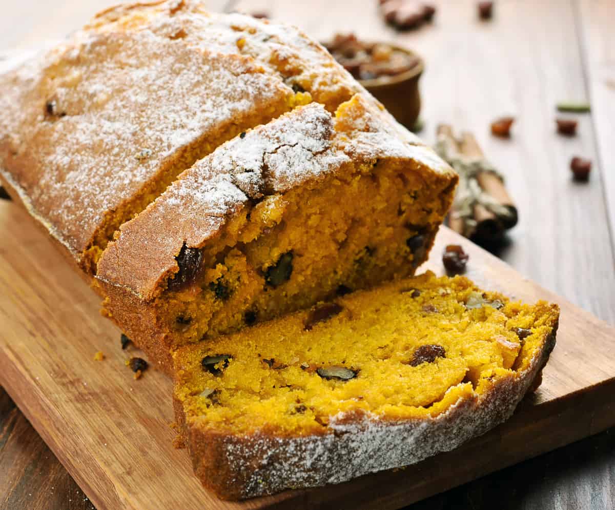 image of a loaf of baked pumpkin bread for fall