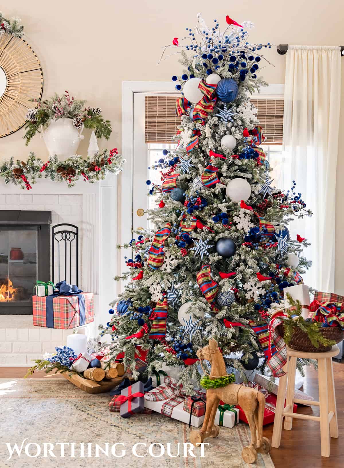 Christmas tree decorated with red, white and blue