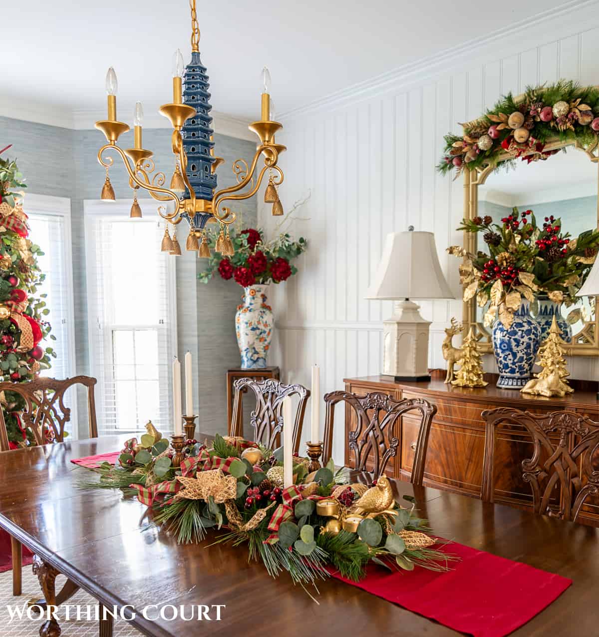 An elegant, but easy Christmas centerpiece made with faux greenery and sugared fruit swags. Includes green, burgundy and gold ribbon, gold candlesticks and white candles.