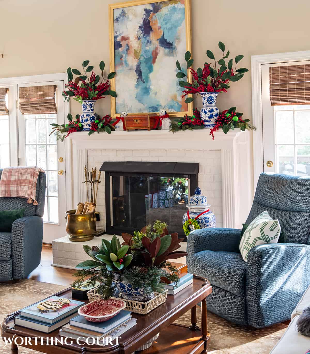 living room with traditional Christmas decorations