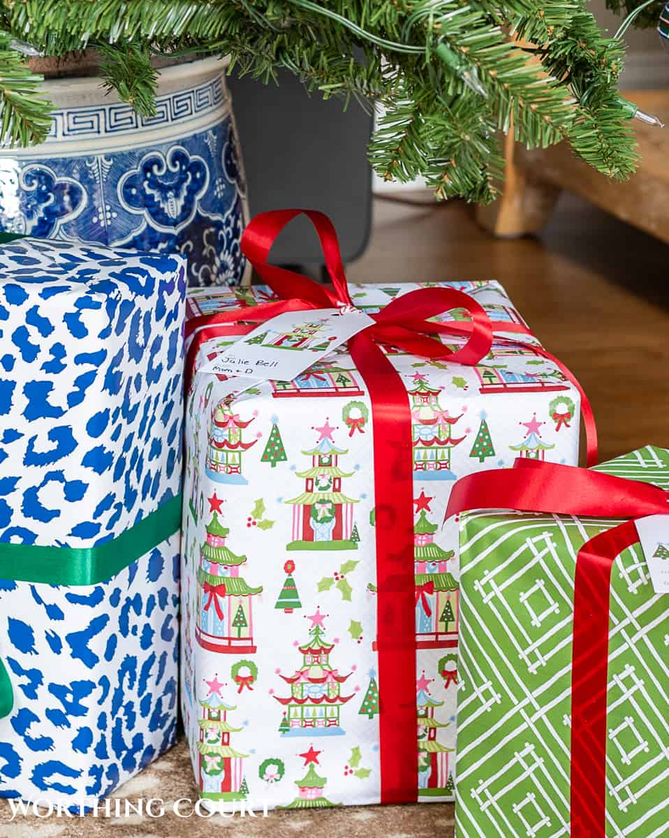 Christmas wrapping paper with pagodas printed on it