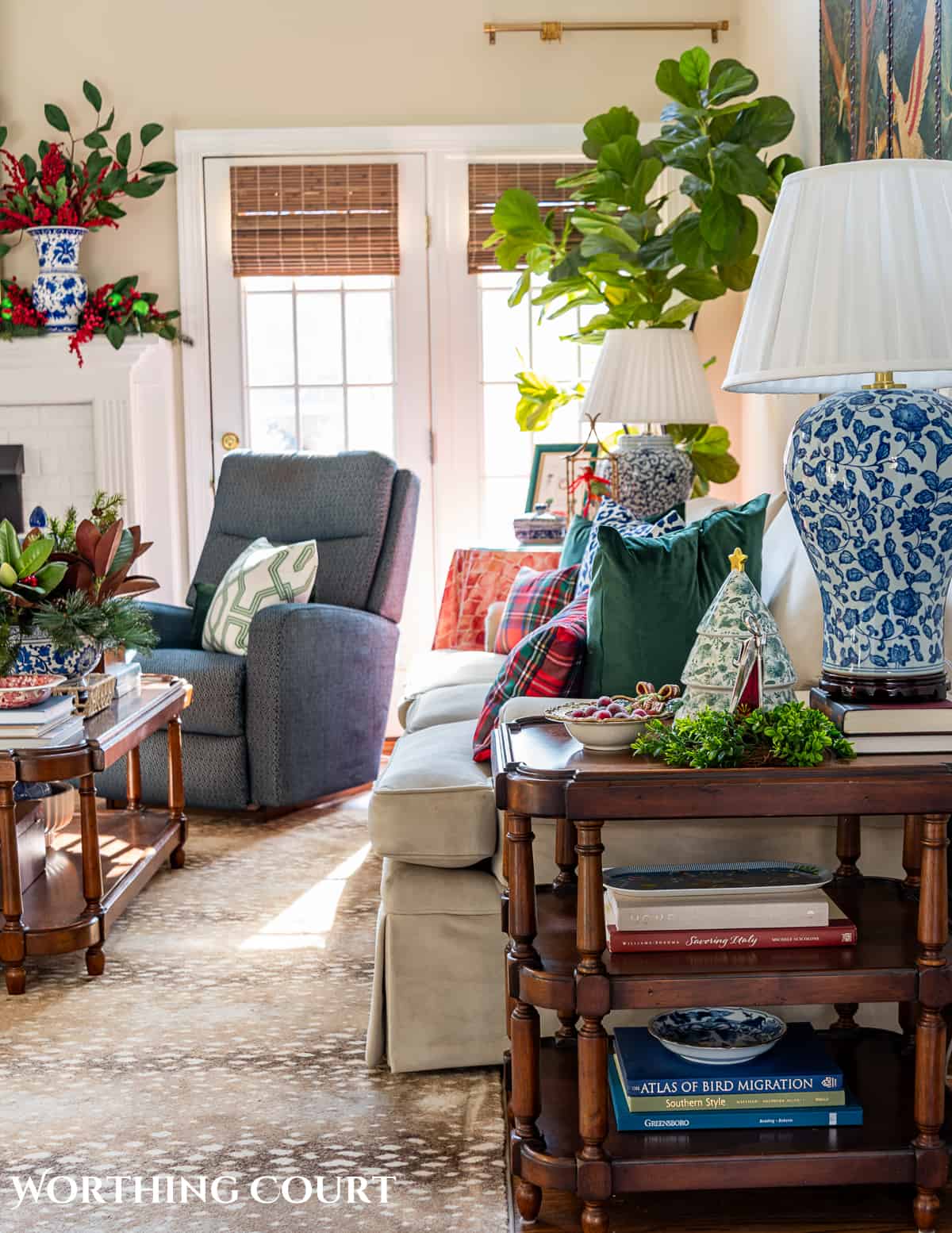 living room with traditional Christmas decorations