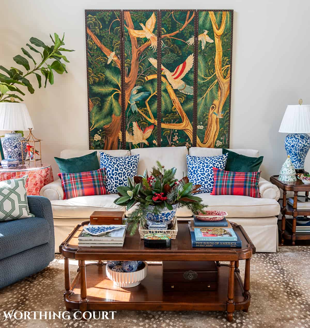 living room with traditional Christmas decorations