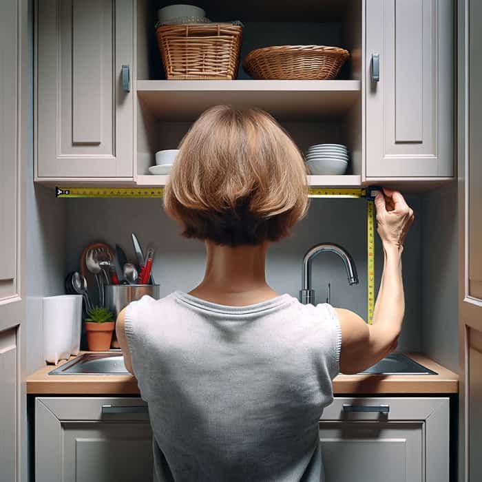 woman measuring kitchen space in a kitchen with gray cabinets