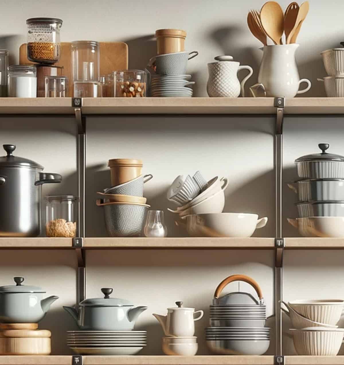 open wood kitchen shelves filled with gray and white dishes and cooking pots