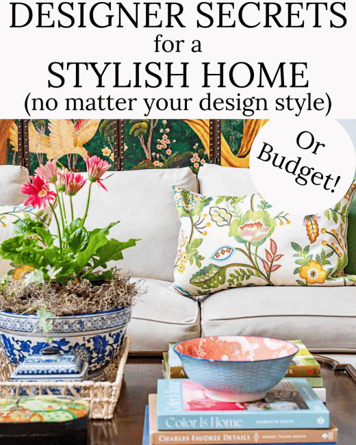 Pinterest graphic for a blog post about designer secrets to have a stylish home