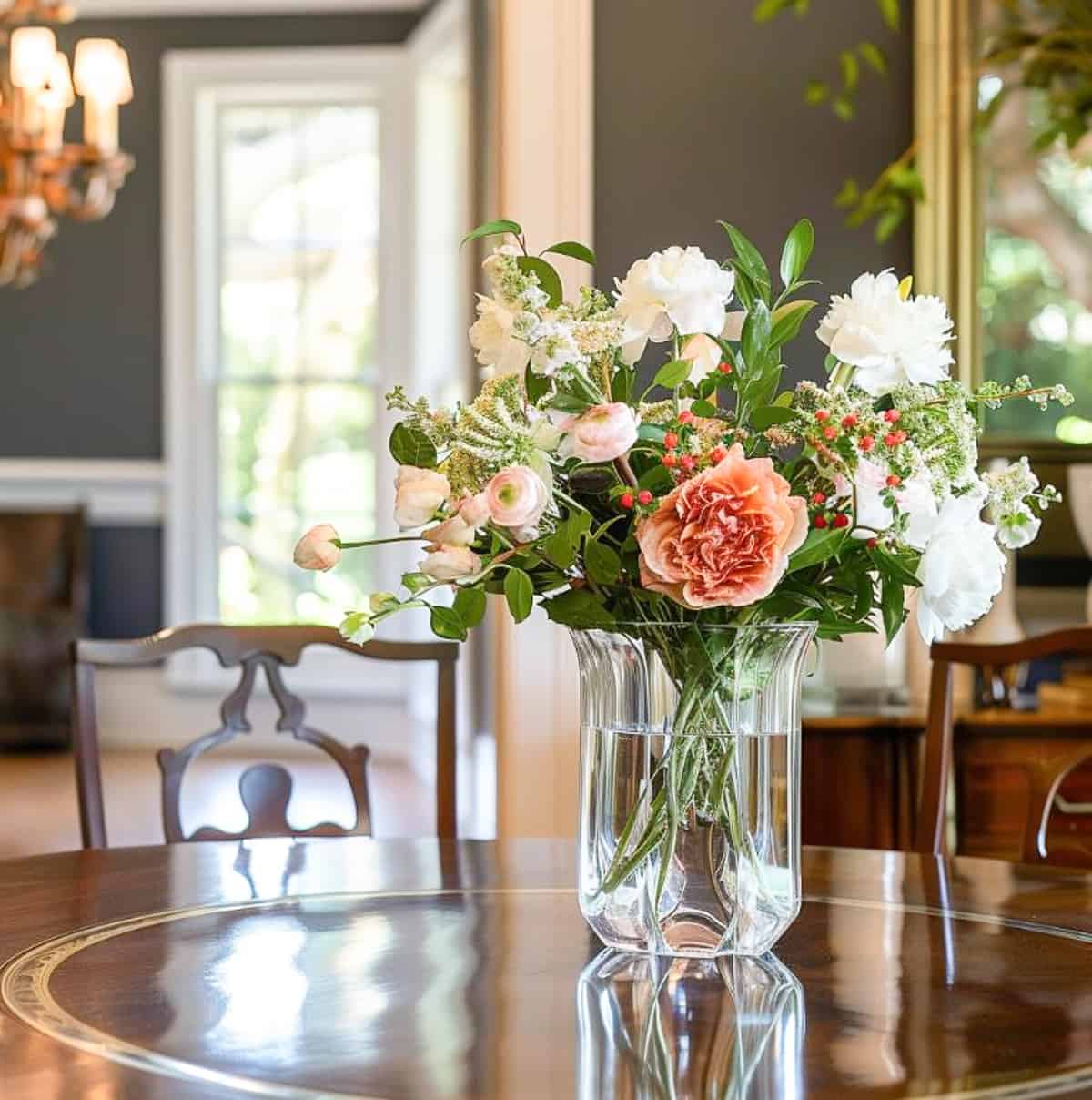 peach and white flower arrangment in a glass vase