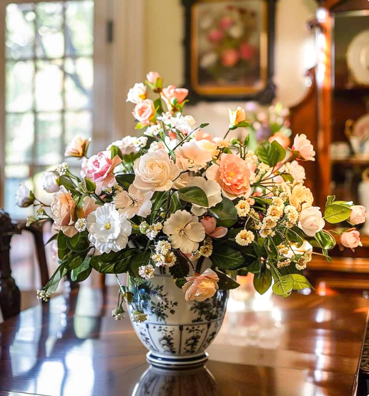 formal flower arrangement on a dining room table