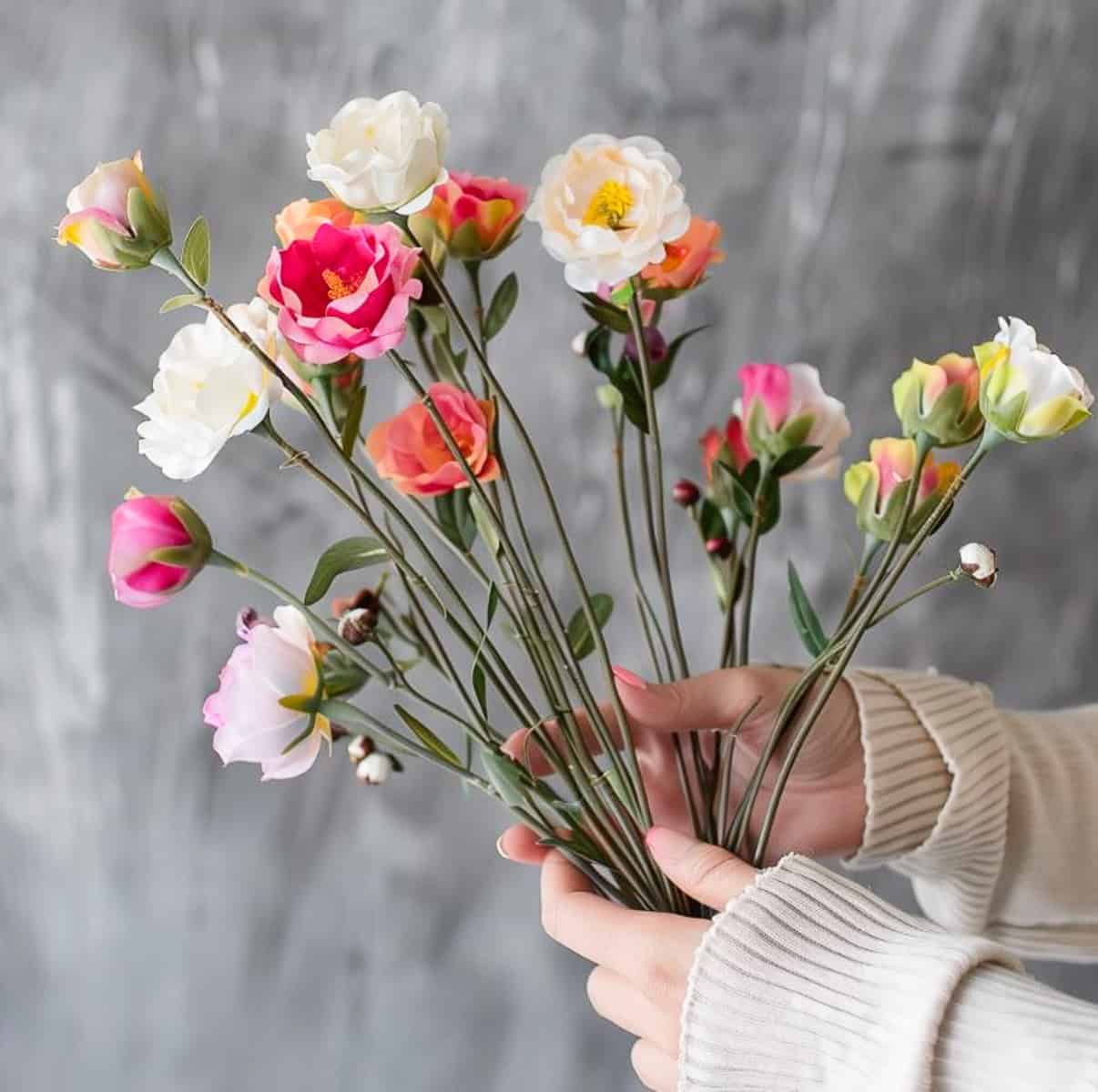 woman's hands holding several assorted flower stems