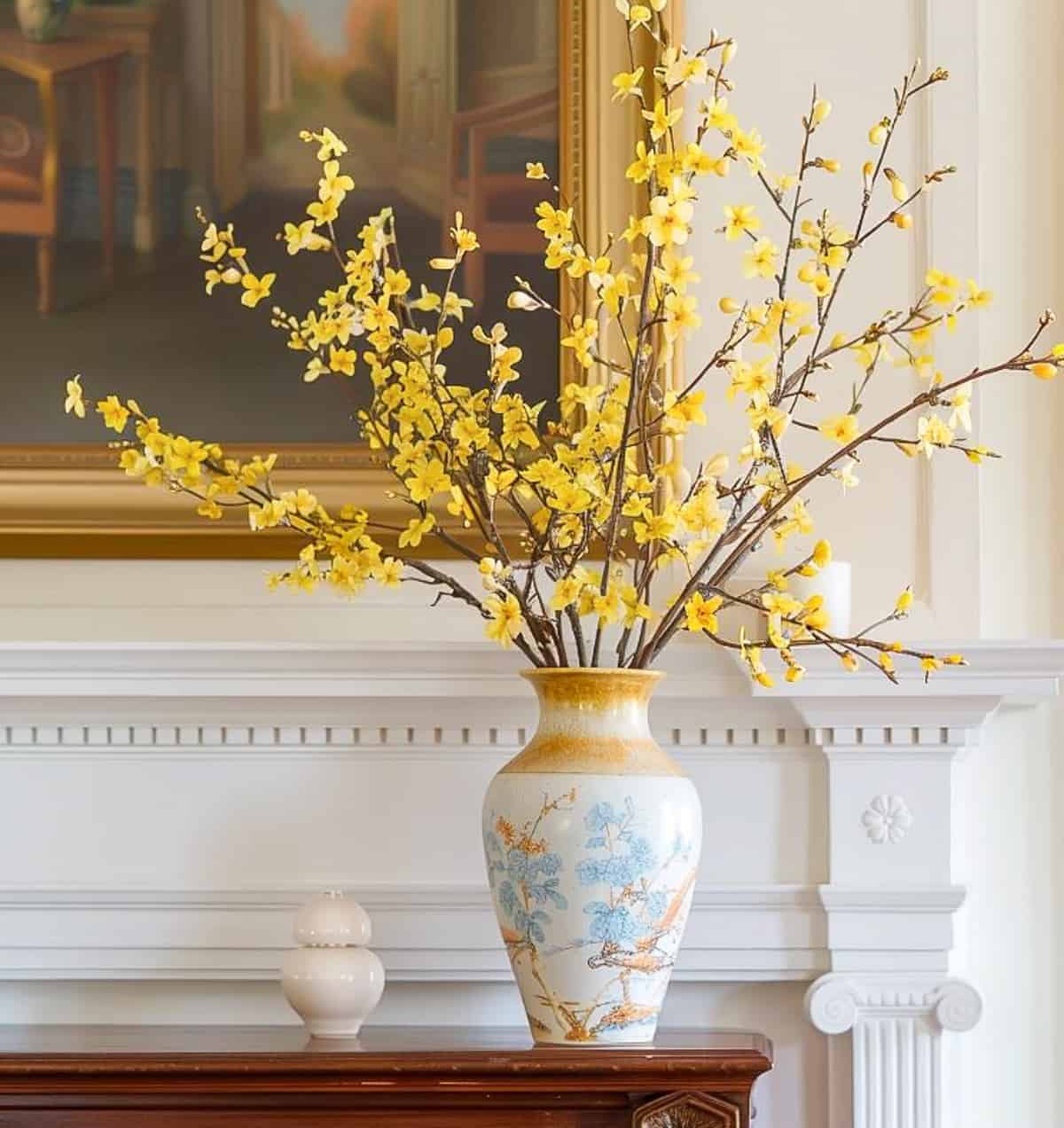 blooming foysythia branches in a vase