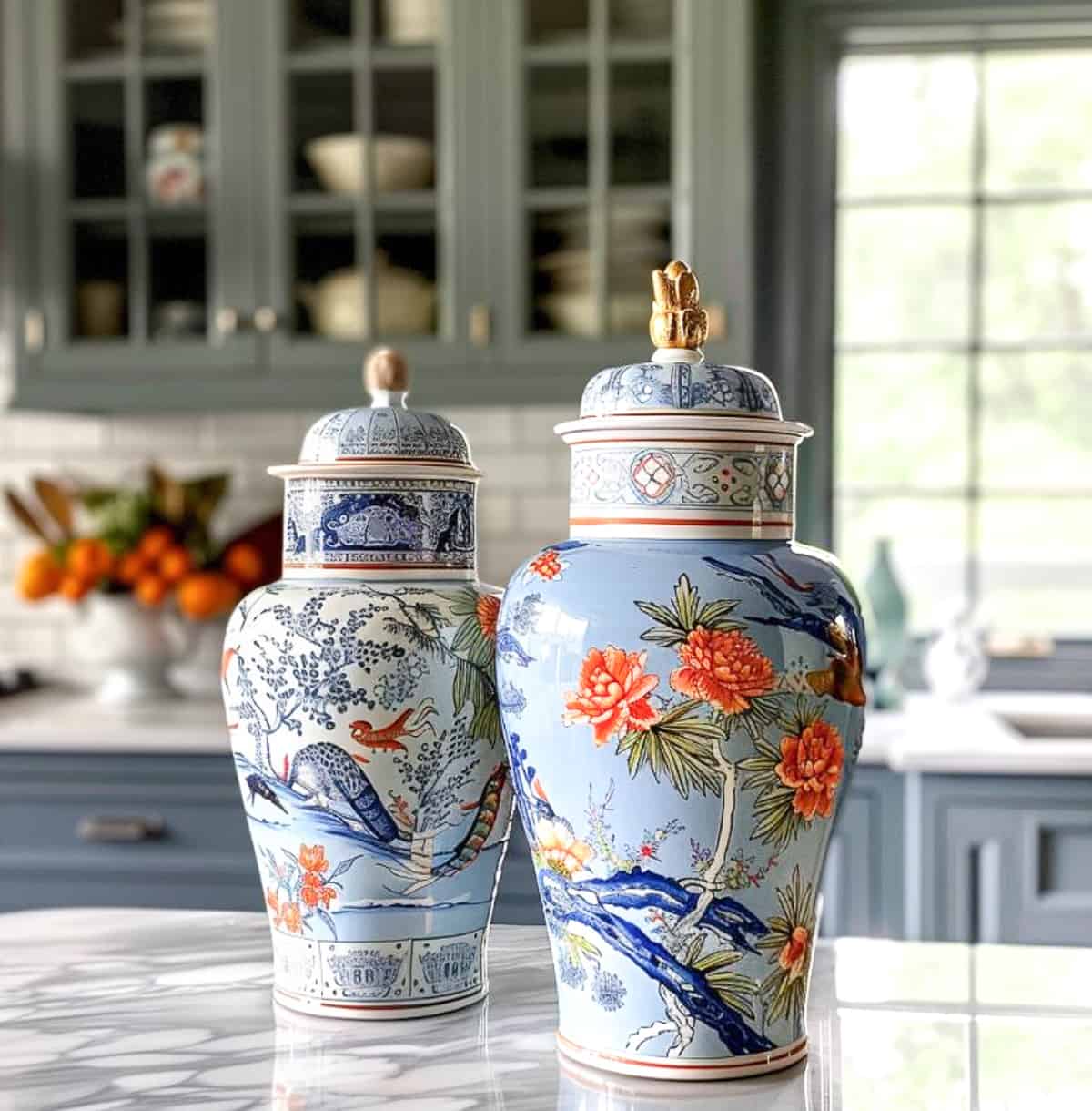 two ginger jars sitting on a kitchen counter